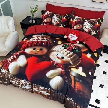 set lenjerie Crăciun imprimeu digital 5D omuleți de zăpadă Jojo Home roșu