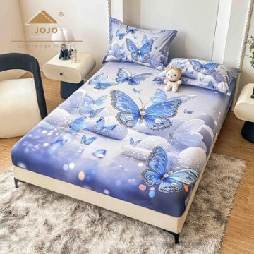 Husă de pat Finet 5D bleu cu fluturi + 2 fețe de pernă | JoJo Home