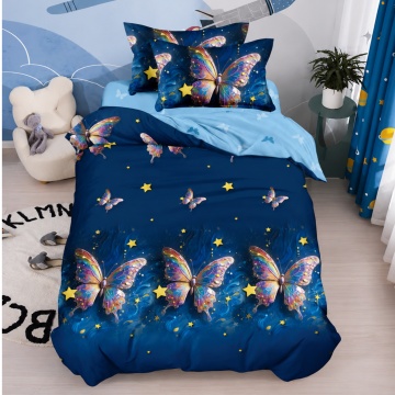Lenjerie de pat 1 persoană Butterfly Night 4 piese, cu cearceaf cu elastic, Policoton – Johnny Home