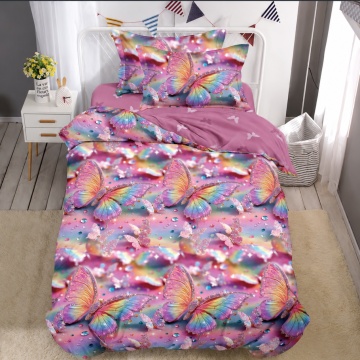 Lenjerie de pat 1 persoană Butterfly Rainbow 4 piese, cu cearceaf cu elastic, Policoton – Johnny Home