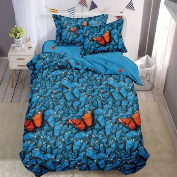Lenjerie de pat 1 persoană Fluturi Albaștri 4 piese, cu cearceaf cu elastic, Policoton – Johnny Home Pucioasa