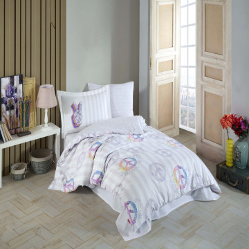 Lenjerie de pat, 100% bumbac, tesatura poplin, pat 1 persoana, alb, Peace