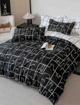 Lenjerie de Pat 2 Persoane, Tip Finet, 6 Piese, Cearșaf fără Elastic, Alb & Negru, Jojo Home, FNJ-259