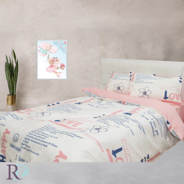 Lenjerie de pat copii Happy, 4 piese, 100% bumbac satin, alb/roz, Roxyma Dream