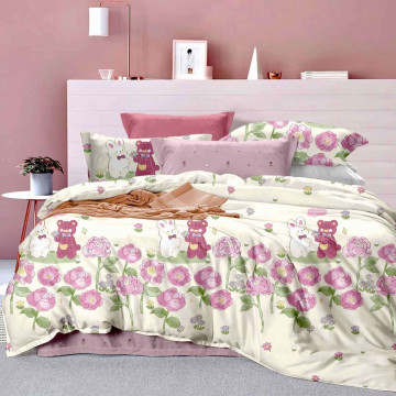 Lenjerie de pat cu 2 fete, tesatura tip finet, 4 piese, pat 1 persoana, crem / roz, FNJ1-232
