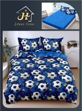 Lenjerie de pat cu elastic 2 persoane | albastru cu mingi de fotbal | 4 piese | Policoton fin | Johnny Home