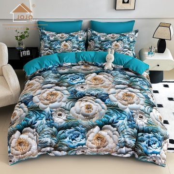 Lenjerie de pat din finet 4 piese 🌺 Turcoaz & Bej | Imprimeu digital 5D Floral | JOJO HOME | Pat 1 persoană