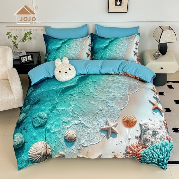 Lenjerie de pat cu imprimeu marin și cearceaf bleu, model Ocean Breeze JOJO HOME