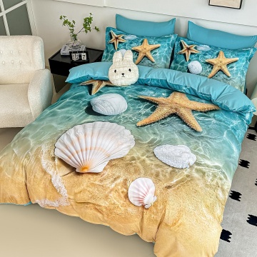 Lenjerie de pat dublu din finet 5D Turcoaz cu Scoici și Stele de Mare JOJO HOME – 6 piese cu cearceaf elastic