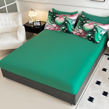 Cearceaf cu elastic verde smarald și fețe de pernă cu inimă decorativă JOJO HOME