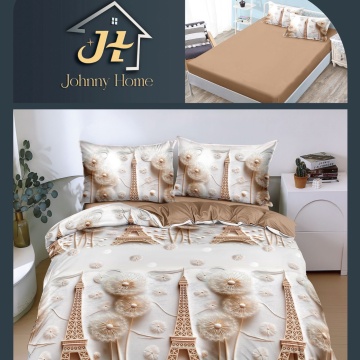 Lenjerie de pat finet 6 piese cu elastic, pentru 2 persoane | Turn Eiffel și păpădii bej | Johnny Home