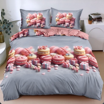 Lenjerie de pat gri cu macarons roz și cadouri, 4 piese, policoton