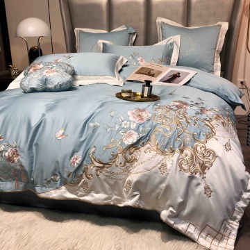 Set lenjerie JoJo Home bleu, 4 piese, cu broderie florală bogată pentru pat dublu