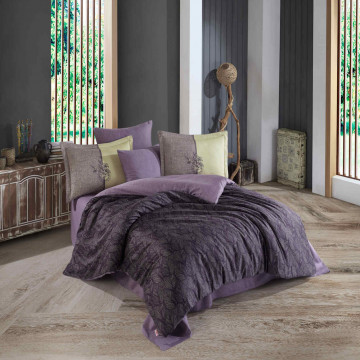 Lenjerie de pat Lotus, bumbac satinat 100%, 6 piese, pat 2 persoane, violet