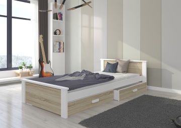 Pat copii ADRK ALDEX – 90x200 cm – cu somieră inclusă – cu ladă de depozitare – Alb / Sonoma – SKU CH-Alde-W+S-208+M-E1940