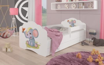 Pat copii ADRK CASIMO – 80x160 cm – cu somieră inclusă – cu ladă de depozitare – cu barieră de protecție – Elefant – Alb