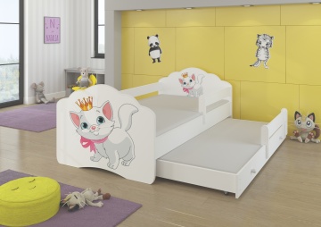 Pat copii ADRK CASIMO II – 80x160 cm – cu somieră inclusă – cu barieră de protecție – Pisică – Alb