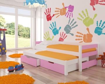 Pat copii ADRK FRAGA – 90x200 cm – cu somieră inclusă – cu ladă de depozitare – Alb / Roz