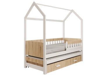 Pat copii ADRK House Jaspis – 80x180 cm – cu somieră inclusă – cu ladă de depozitare – Alb / Stejar – SKU CH-JAS-WO-180-M