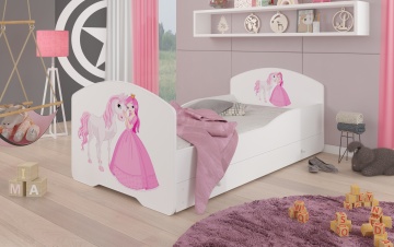 Pat copii ADRK PEPE – 80x160 cm – cu somieră inclusă – cu ladă de depozitare – Prințesă și cal – Alb