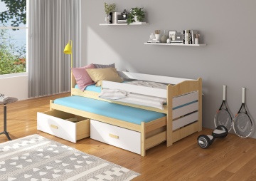 Pat copii ADRK TIARRO – 80x180 cm – cu somieră inclusă – cu ladă de depozitare – cu barieră de protecție – Pin natural / Alb – SKU CH-Tia-PINEN+W-186+M-E394