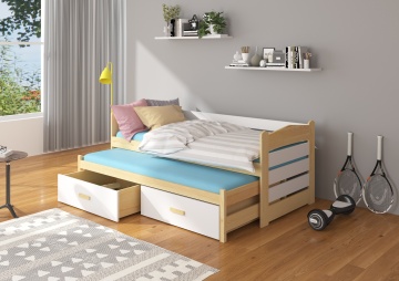 Pat copii ADRK TIARRO – 80x180 cm – cu somieră inclusă – cu ladă de depozitare – Pin natural / Alb – SKU CH-Tia-PINEN+W-186+M-E373