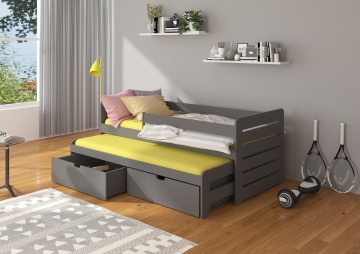 Pat copii ADRK TOMI – 80x180 cm – cu somieră inclusă – cu ladă de depozitare – cu barieră de protecție – Grafit – SKU CH-Tom-GRAP-186+M-E454