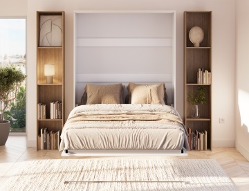 Pat rabatabil ADRK Vivario 140 – 140x200 cm – Alb – închis în ambient luminos, vedere frontală între biblioteci