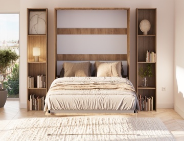 Pat rabatabil ADRK Vivario 140 – 140x200 cm – Stejar Artisan – închis în ambient luminos, vedere frontală între biblioteci