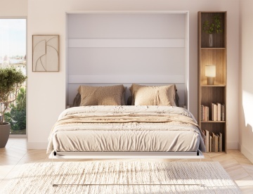 Pat rabatabil ADRK Vivario 160 – 160x200 cm – Alb – închis în ambient luminos, vedere frontală între biblioteci