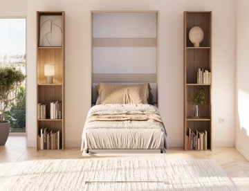 Pat rabatabil ADRK Vivario 90 – 90x200 cm – Cașmir – închis în ambient luminos, vedere frontală între biblioteci