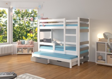 Pat supraetajat ADRK pentru 3 persoane KARLO – 75x180 cm – cu somieră inclusă – cu ladă de depozitare – Alb / Gri