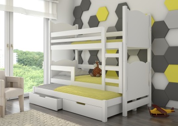 Pat supraetajat ADRK pentru 3 persoane LETICIA – 75x180 cm – cu somieră inclusă – cu ladă de depozitare – Alb
