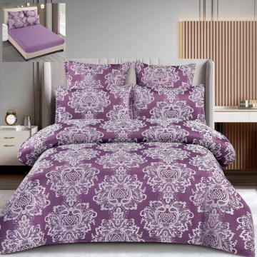 Set lenjerie de pat cu elastic, bumbac tip jacquard, 6 piese, pat 2 persoane, mov, T3-05