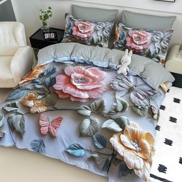 🌸 Lenjerie de Pat 6 Piese Gri Pastel | Flori & Fluturi 3D | Imprimeu Digital 5D | Finet Catifelat | Jojo Home