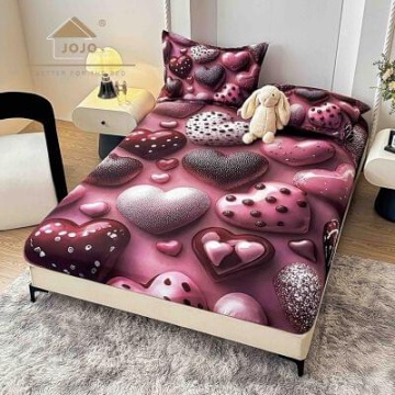 Husă de pat Finet 5D roz cu inimi + 2 fețe de pernă | JoJo Home