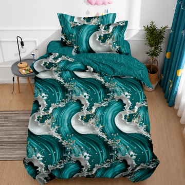 Lenjerie de pat 1 persoană Emerald Waves 4 piese, cu cearceaf cu elastic, Policoton – Johnny Home