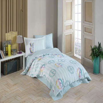 Lenjerie de pat, 100% bumbac, tesatura poplin, pat 1 persoana, bleu, Peace