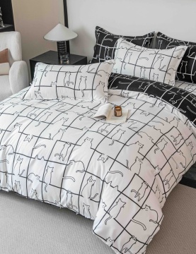 Lenjerie de Pat 2 Persoane, Tip Finet, 6 Piese, Cearșaf cu Elastic, Alb & Negru, Pisici, Jojo Home, FNJE-262