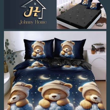 Lenjerie de pat cu elastic 2 persoane | bleumarin cu ursulet somnoros | 4 piese | Policoton fin | Johnny Home
