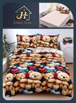 Lenjerie de pat cu elastic 2 persoane, cu ursuleți și inimioare, 4 piese, Policoton – Johnny Home