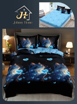 Lenjerie de pat cu elastic 2 persoane | neagra cu pisica si inimioare albastre | 4 piese | Policoton fin | Johnny Home