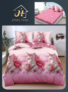 Lenjerie de pat cu elastic 2 persoane | roz cu unicorni | 4 piese | Policoton fin | Johnny Home