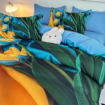 Detaliu lenjerie finet 5D cu lalele galbene și design floral modern în nuanțe de turcoaz