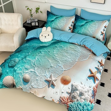 Lenjerie de pat dublu din finet 5D Ocean Breeze JOJO HOME – Turcoaz și Alb cu Tematică Marină – 6 piese cu cearceaf elastic
