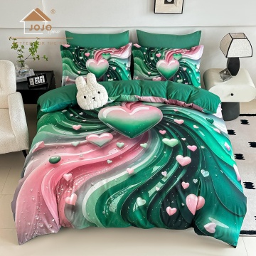 Lenjerie de pat dublu din finet 5D Verde Smarald cu Inimi Decorative JOJO HOME – 6 piese cu cearceaf elastic