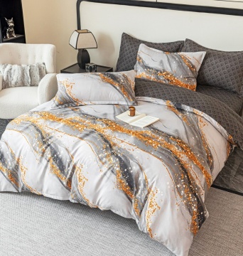 Lenjerie de pat finet, 2 persoane, 6 piese, fără elastic, marmorat, gri și auriu, JoJo Home, FNJ-498