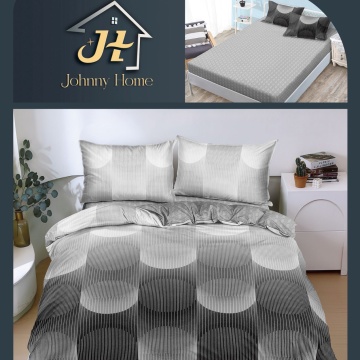 Lenjerie de pat finet 6 piese cu elastic, pentru 2 persoane | Cercuri geometrice gri și negru | Johnny Home