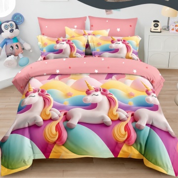 Lenjerie de pat Johnny Home Pucioasa, 6 piese, finet, model unicorni multicolori pe fundal roz, 2 persoane