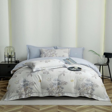lenjerie de pat din finet gros cu broderie si elastic, pentru pat dublu, culoare alb / bleu